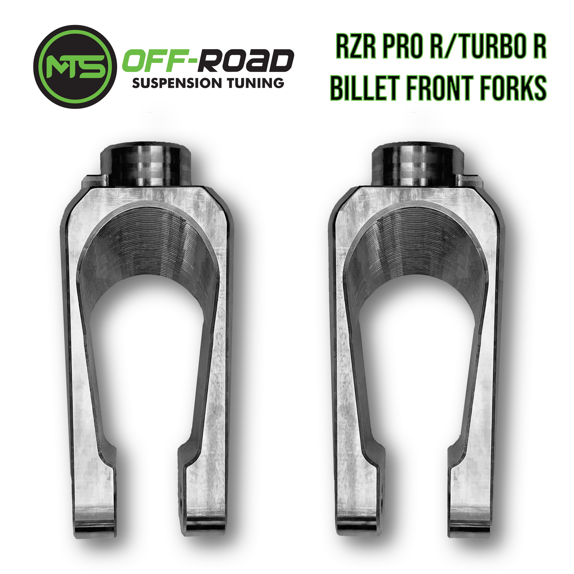 Pair of billet front shock forks designed for Polaris RZR, with the brand logo 'MTS Off-Road Suspension Tuning' displayed at the top.