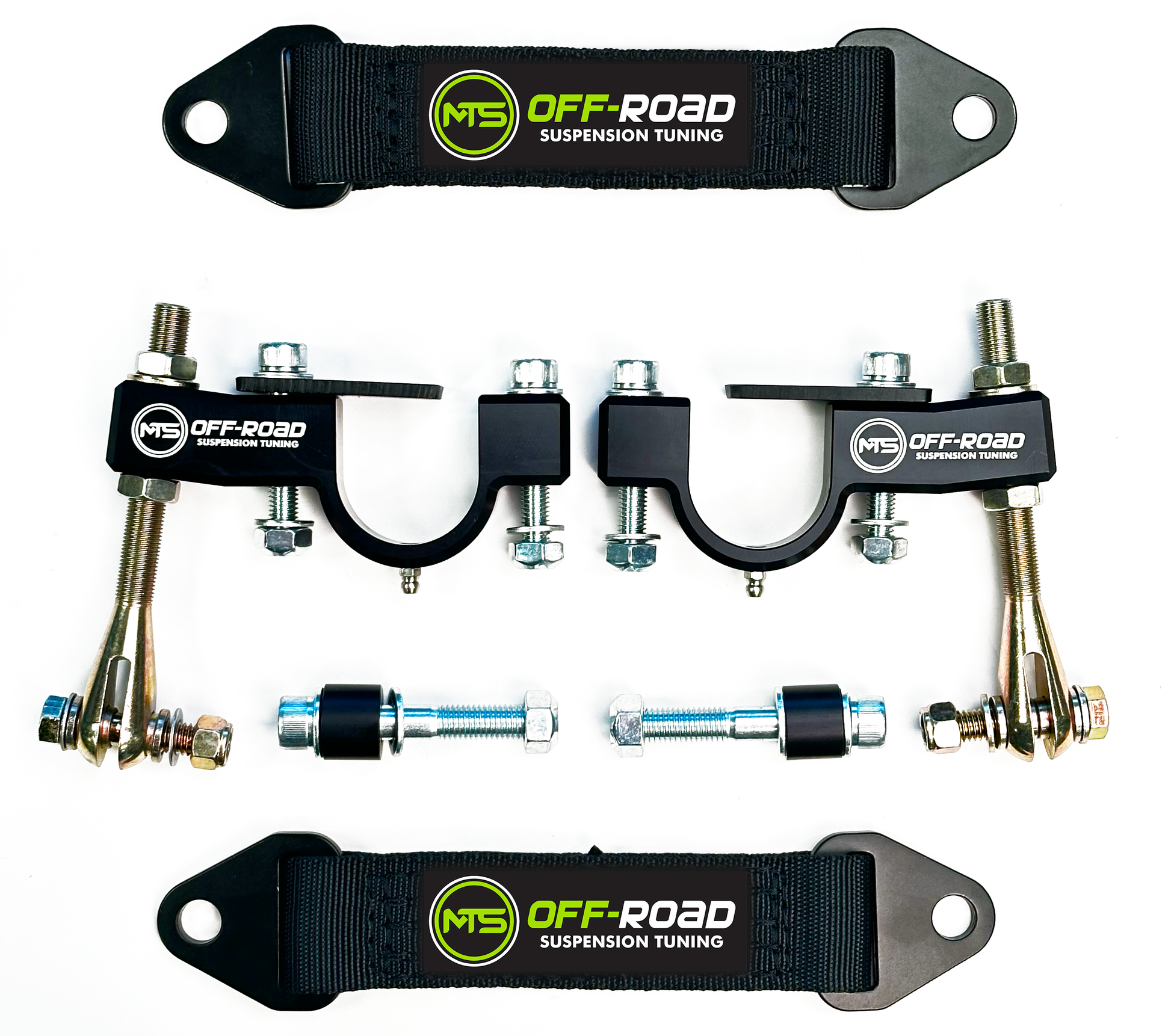A set of black metal limit straps with the MTS Off-Road logo, designed for shock protection on Polaris RZR vehicles.