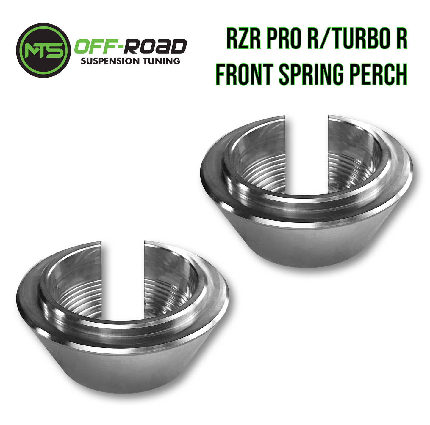 Billet front spring perch collars for Polaris RZR, displayed against a white background with the product name and brand mentioned.