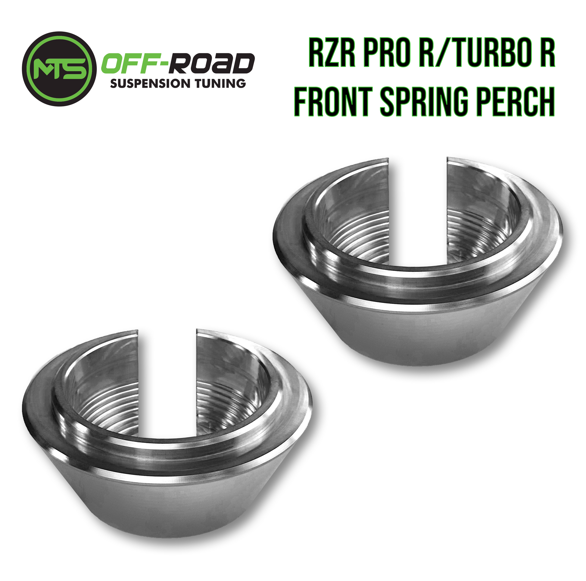 Billet front spring perch collars for Polaris RZR, displayed against a white background with the product name and brand mentioned.