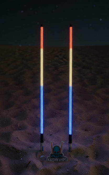 Two LED light whips, one red and one white, on a dark background with a visible brand logo.