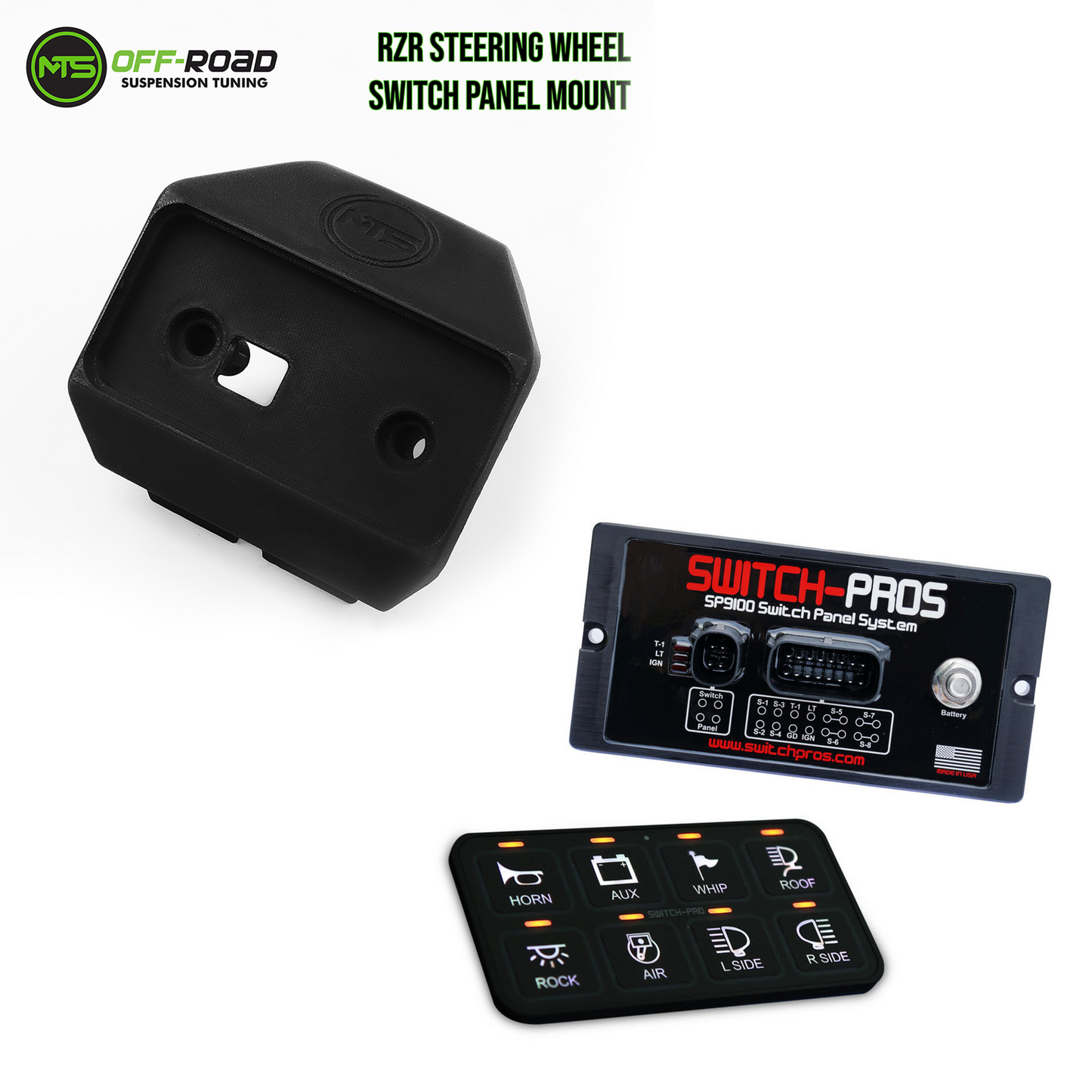 Black Switch-Pro SP9100 switch panel system, including the main switch panel with various switch labels such as 'HORN,' 'BLU,' 'WIP,' and others, along with a power module and connecting cables.