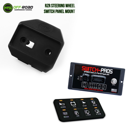 Black Switch-Pro SP9100 switch panel system, including the main switch panel with various switch labels such as 'HORN,' 'BLU,' 'WIP,' and others, along with a power module and connecting cables.