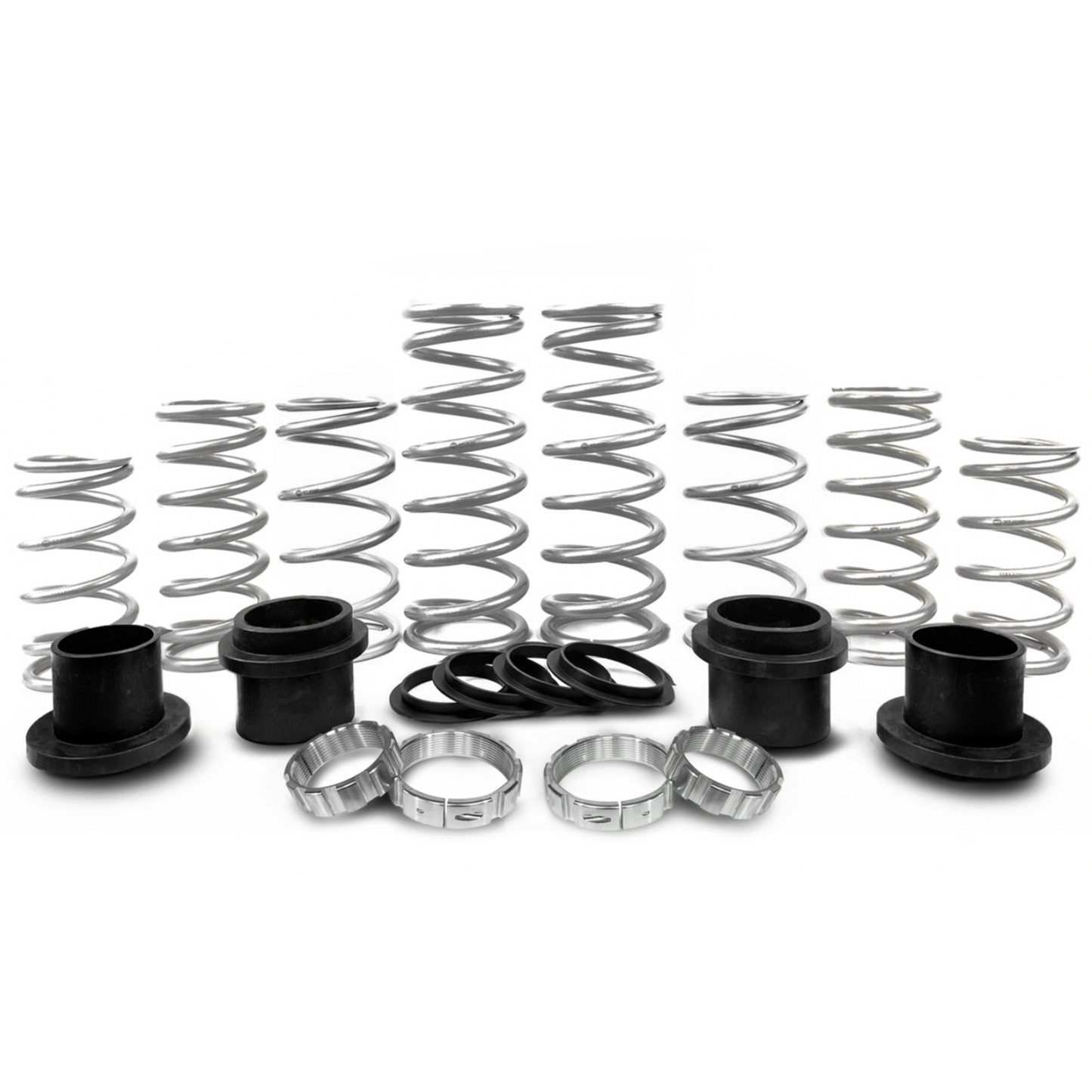 Set of springs and related components on a white background