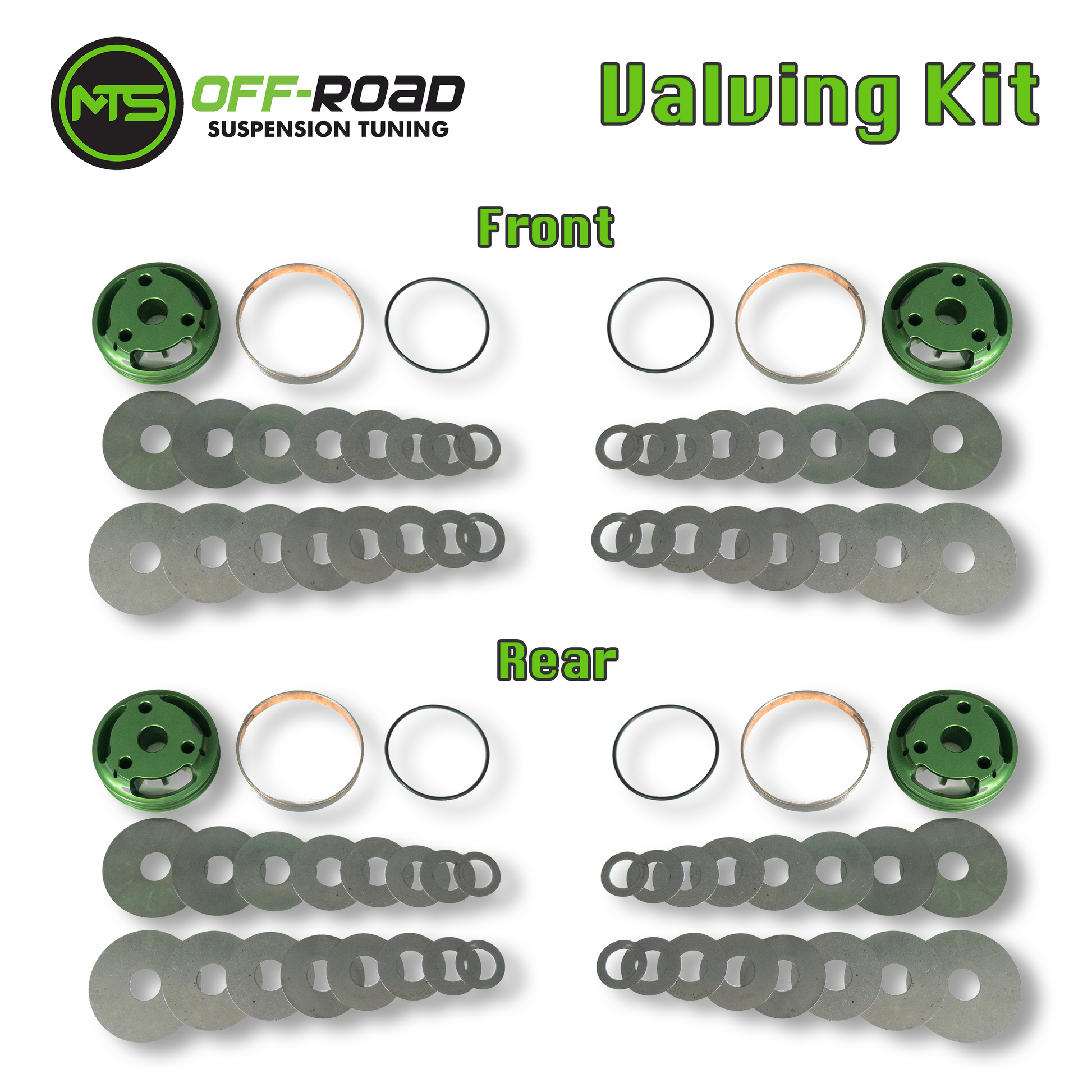 A set of valving kit parts for a vehicle, separated into front and rear sections, primarily in silver and green colors.