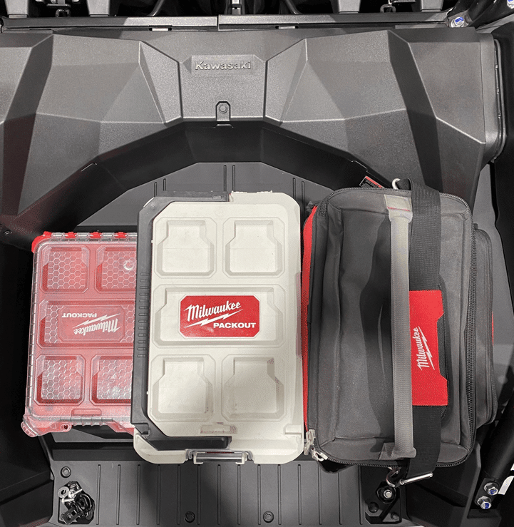 Kawasaki KRX Packout Mount 1.5 by AJK Offroad top down view of three kits installed
