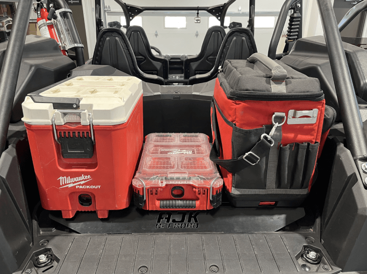 Kawasaki KRX Packout Mount - Subwoofer Compatible by AJK Offroad front view with three kits installed   