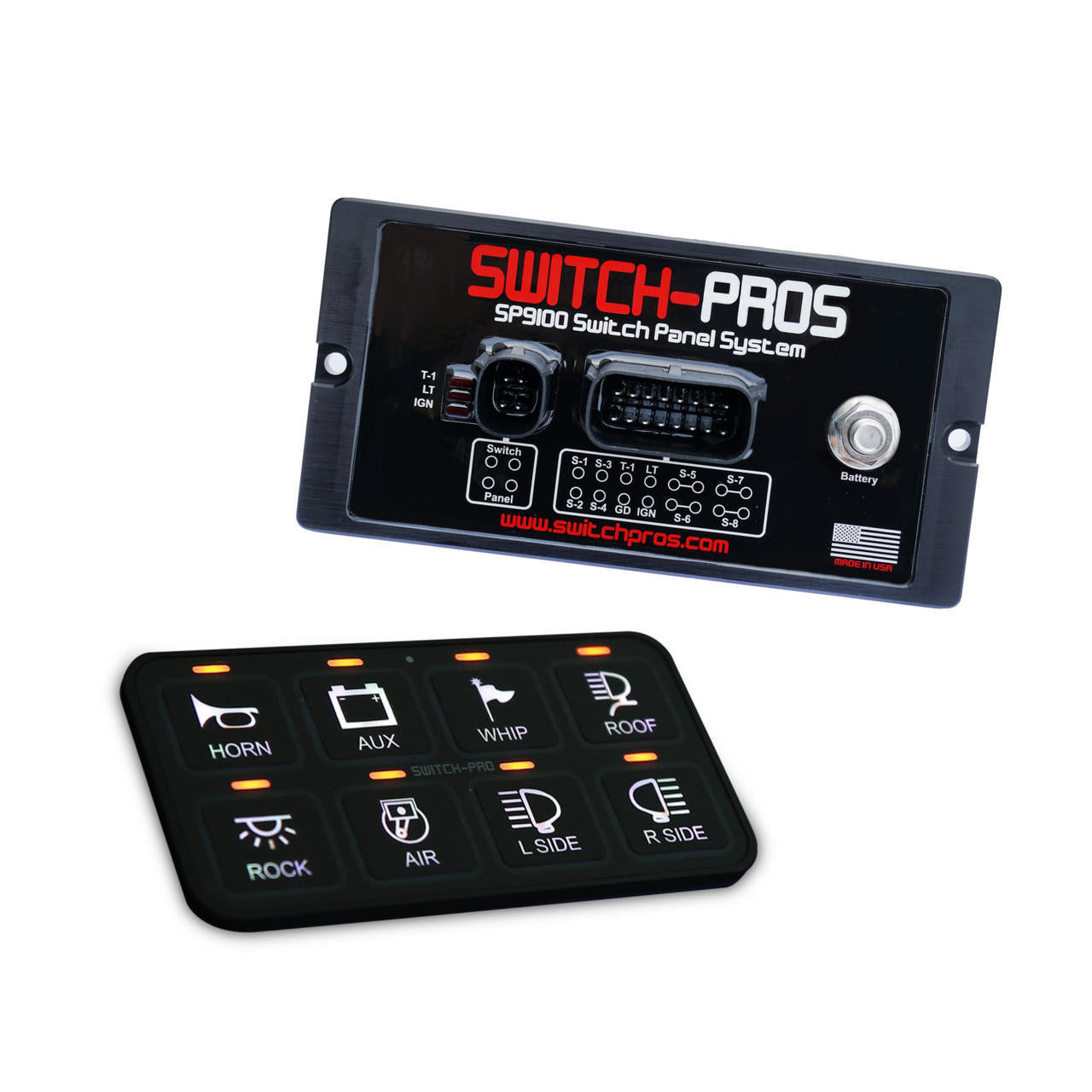 The image shows a black Switch-Pro SP9100 switch panel system, including the main switch panel with various switch labels such as 'HORN,' 'BLU,' 'WIP,' and others, along with a power module and connecting cables.