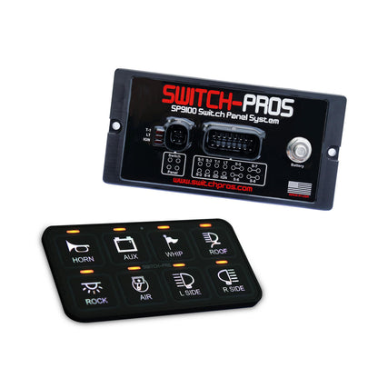The image shows a black Switch-Pro SP9100 switch panel system, including the main switch panel with various switch labels such as 'HORN,' 'BLU,' 'WIP,' and others, along with a power module and connecting cables.