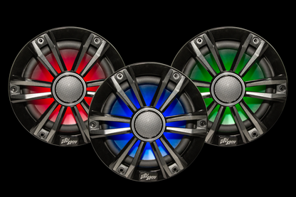 Three car speakers with colorful LED lighting on a black background
