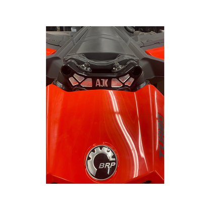 Can-Am Maverick X3 Billet Aluminum Shock Tower Brace by AJK Offroad Installed On Red Can Am Front View